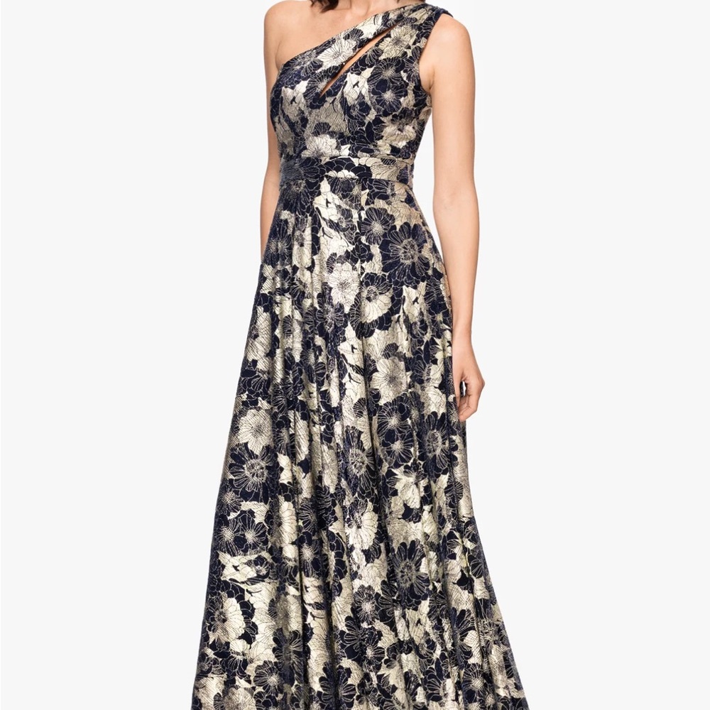 BETSY & ADAM Gown Size 4 Teal Purple Gold One Shoulder Metallic Floral Dress NWT